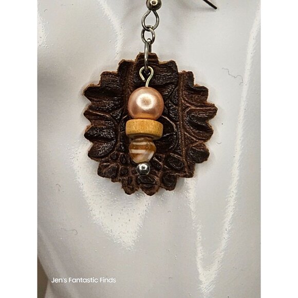 Handcrafted Leather Leaf Earrings With Pearl & Wooden Beads - Picture 2 of 6